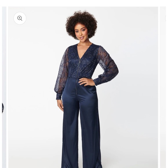 Unique Vintage Navy Sparkle Lace Jumpsuit & Skirt Overlay - L/10-12 - Picture 6 of 6